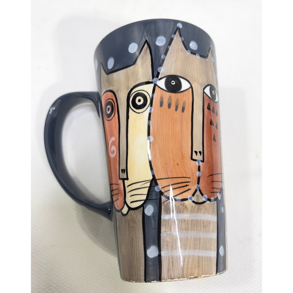 Laurel Burch 1997 Abstract Cat Tall Ceramic Mug Navy Blue Henriksen Imports